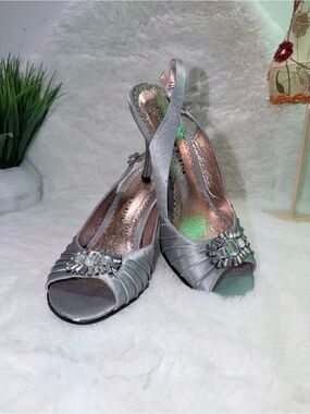 Slingback Peep-Toe Heels Crystal Accent Silver Wedding Ready Graduation Shoes 👠